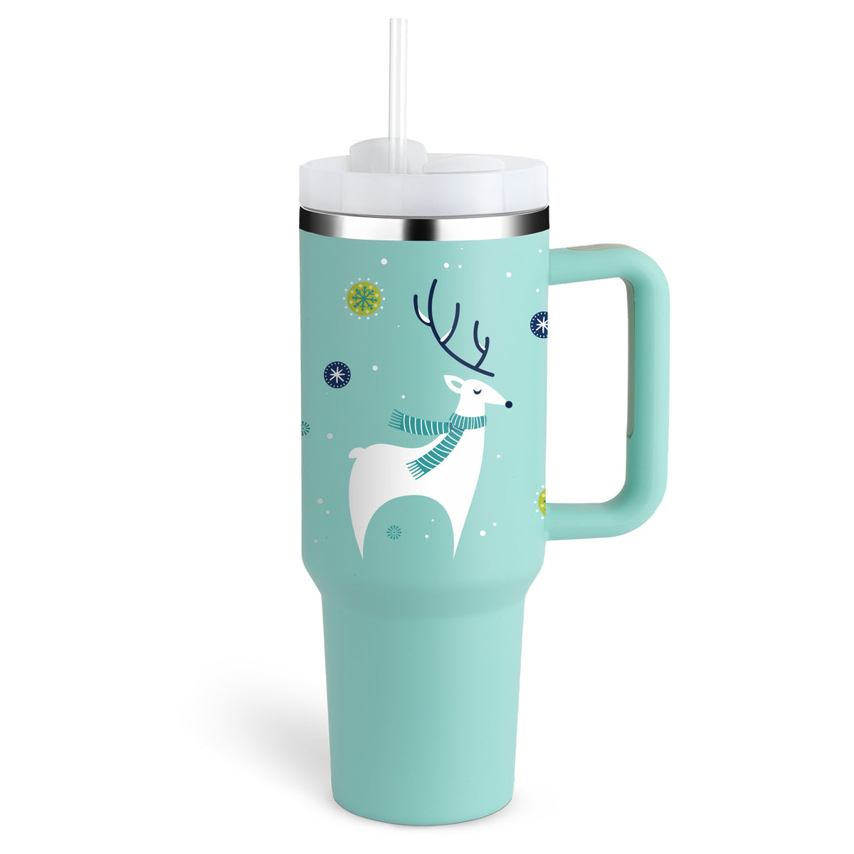 a blue mug with a straw