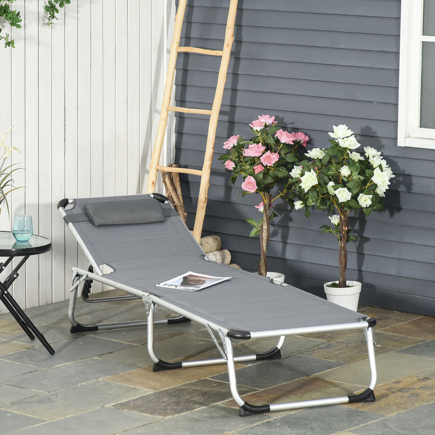 Folding Lounge Chair Outdoor 5-Level Reclining Chaise Lounge Chair Outdoor Camping Tanning Chair with Frame