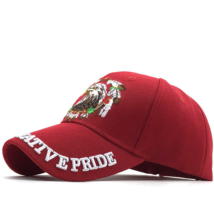 a red hat with a white text