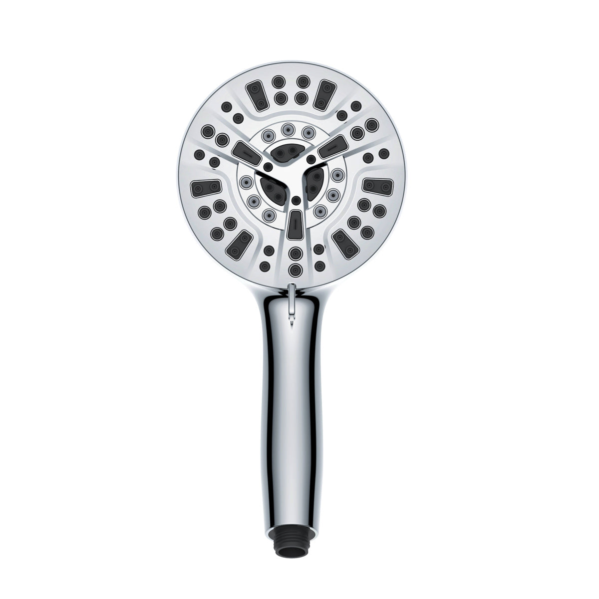 a silver shower head with many holes