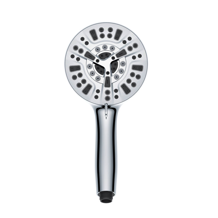 a silver shower head with many holes