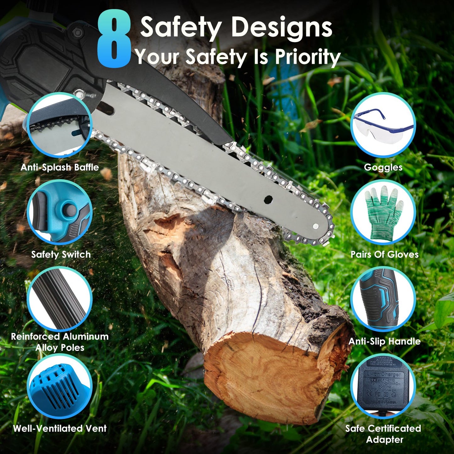 1Pc 2 In 1 8in Cordless Electric Pole Saw And Mini Chainsaw With Extension Poles 2Pcs 21V 3.0Ah Batteries Adjustable Length Chain Saw With Auto Oiler Safety Switch For Wood Cutting