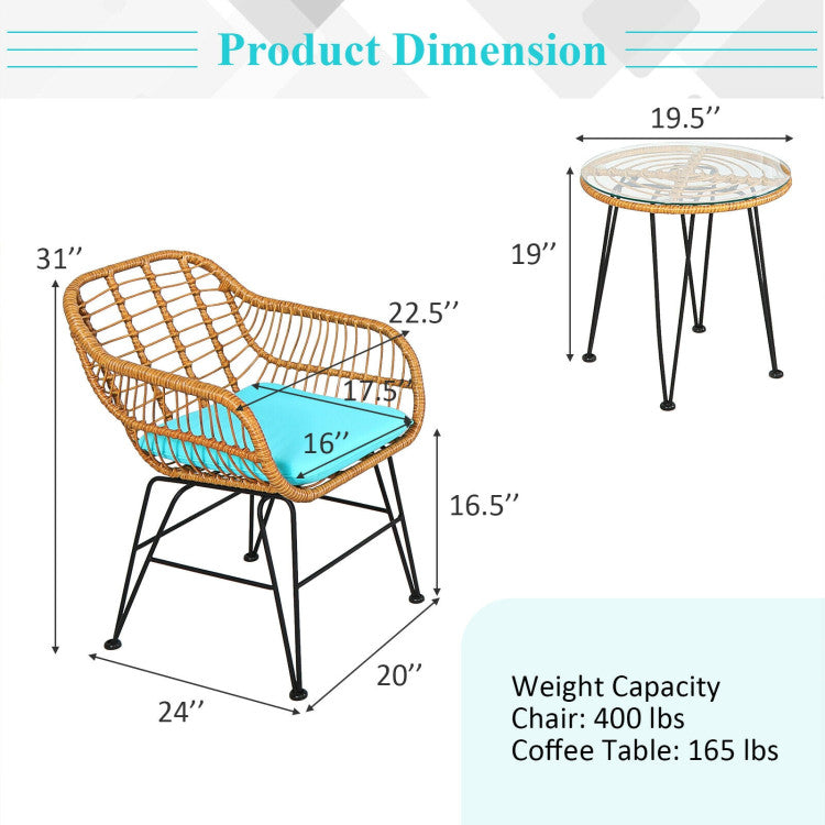 3 Pieces Rattan Furniture Set With Cushioned Chair Table