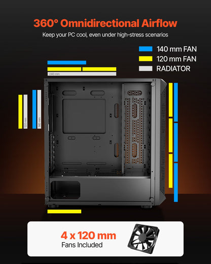 PC Gaming Case Mid-Tower Computer Case With 4 X 120 Mm Fans For ATX/M-ATX/ITX