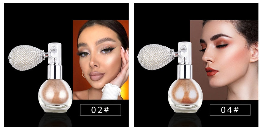 a collage of a woman with a bottle of makeup