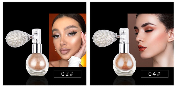 a collage of a woman with a bottle of makeup