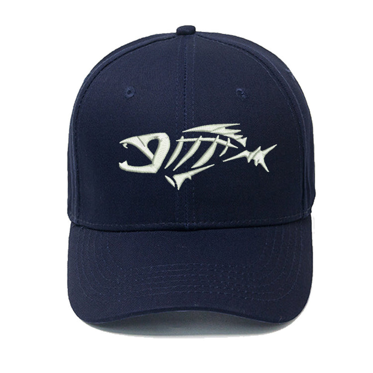 a blue hat with a fish on it