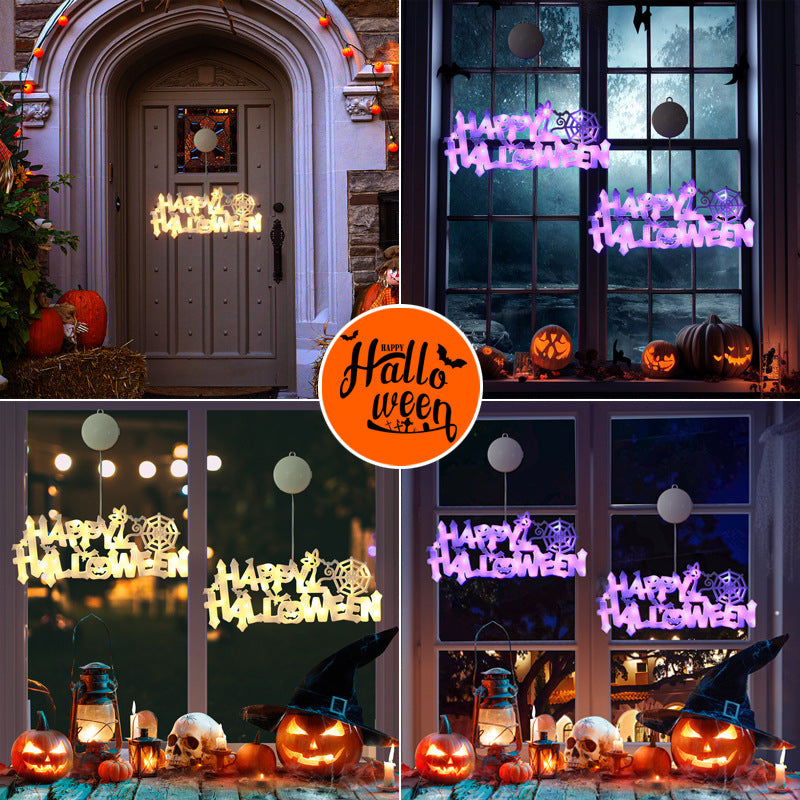 a collage of a door with pumpkins and lights