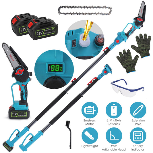 Cordless Pole Saw And Mini Chainsaw With Extension Pole 21V Battery 6IN Electric Brushless Pole Chainsaw With Digital Display Auto Oiler Safety Switch For Tree Trimming