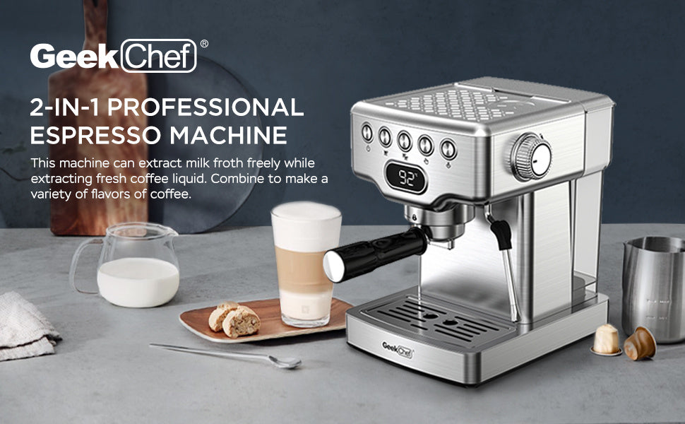 a silver espresso machine with a glass of milk and cookies