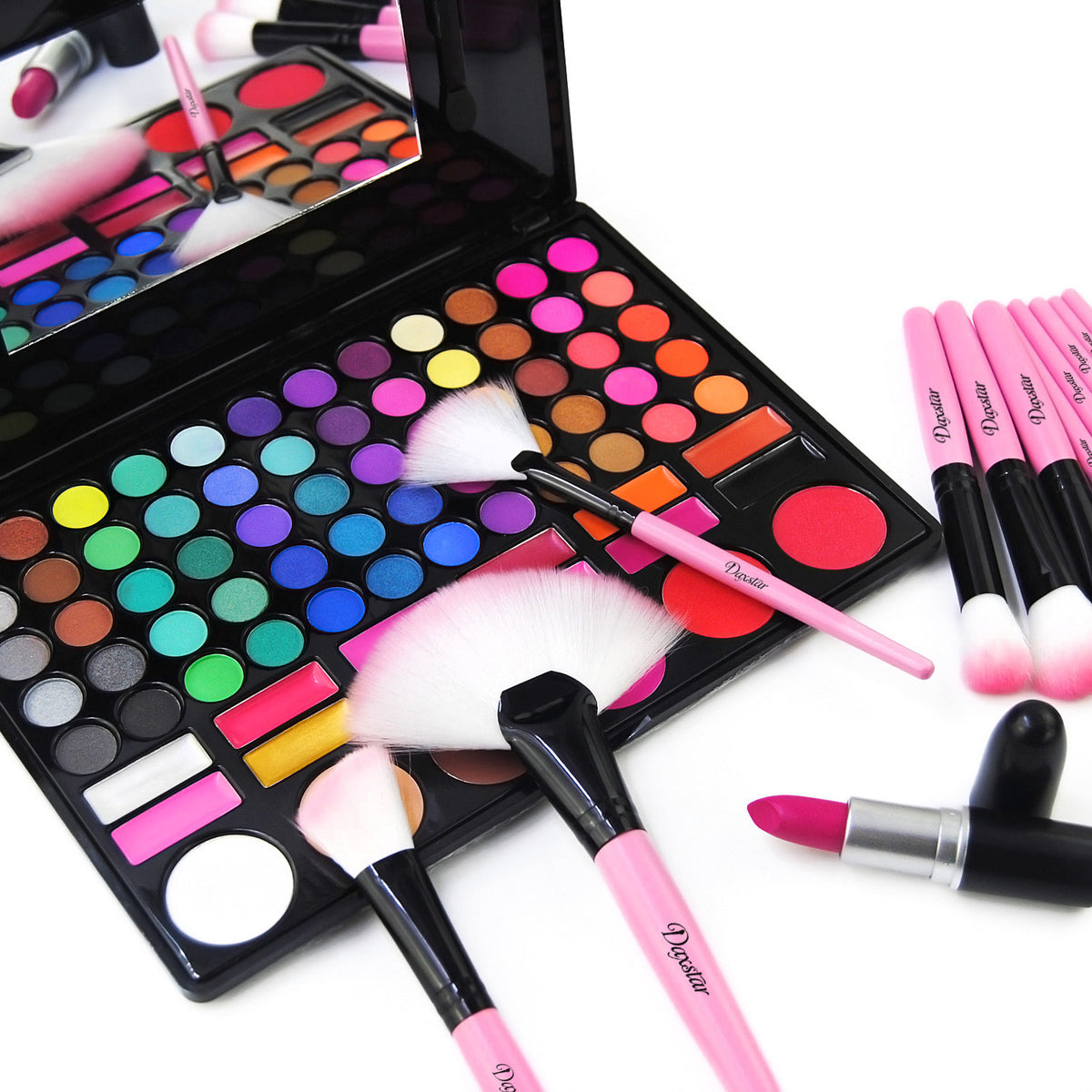 a makeup set with a mirror and brushes