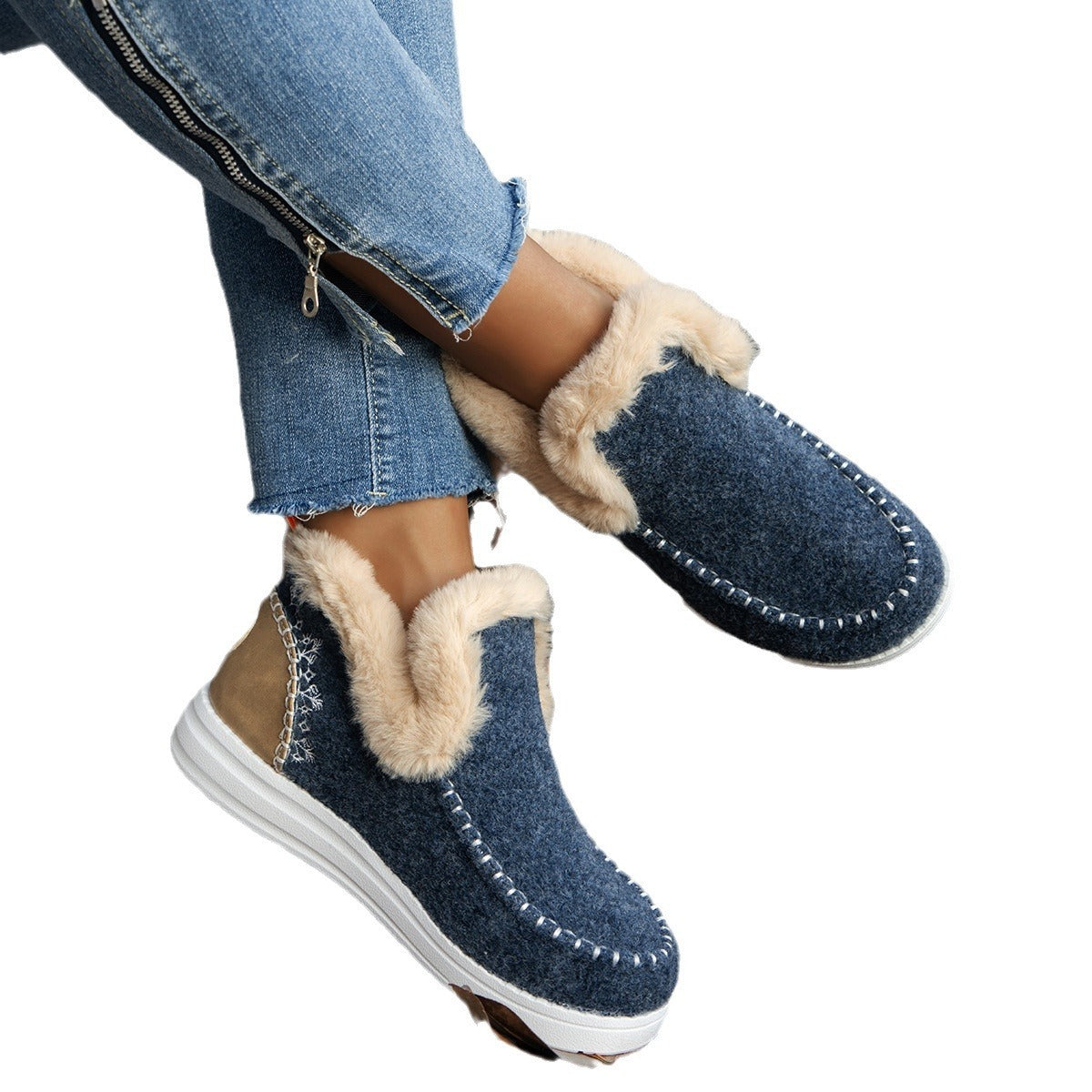 a person wearing blue slippers