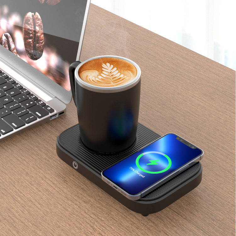 a cup of coffee and a phone on a wireless charger