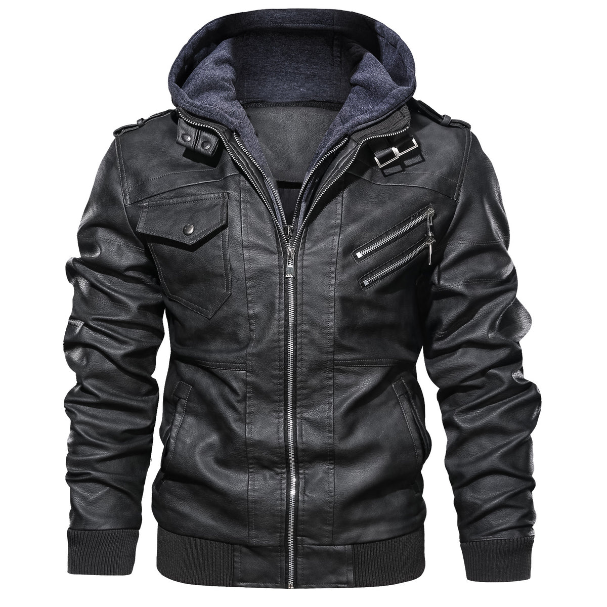 a black leather jacket with a hood