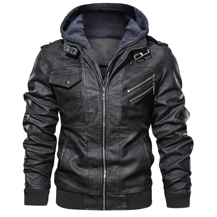 a black leather jacket with a hood