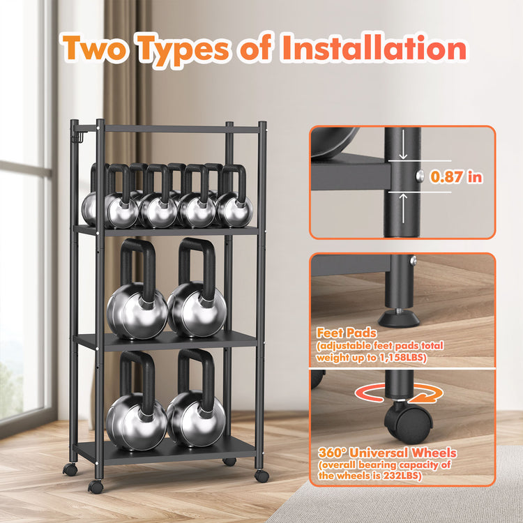 a rack with kettlebells on it