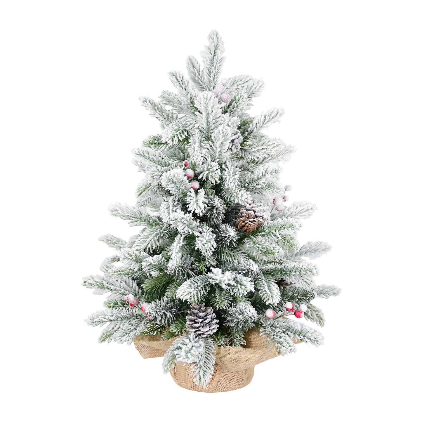 3ft Tabletop Christmas Tree, Snow Flocked Artificial Mini Christmas Tree With 14 Pine Cones & Red Berries, Green