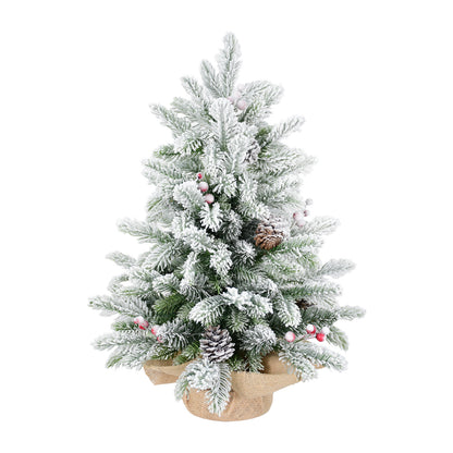 3ft Tabletop Christmas Tree, Snow Flocked Artificial Mini Christmas Tree With 14 Pine Cones & Red Berries, Green