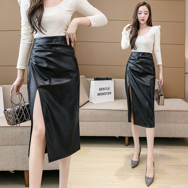 High Waist Slim Pleated Leather Skirt