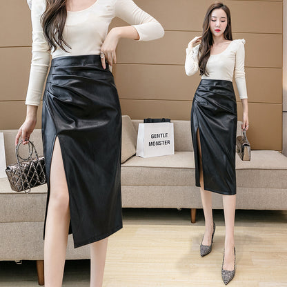 High Waist Slim Pleated Leather Skirt