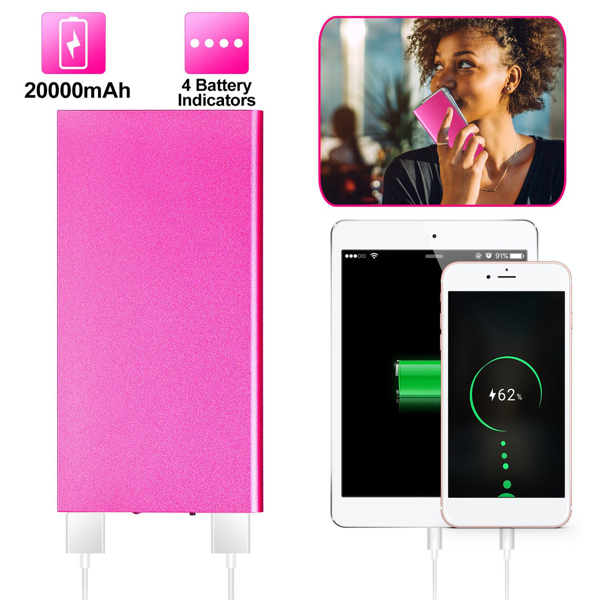 a pink battery charger and a white cell phone