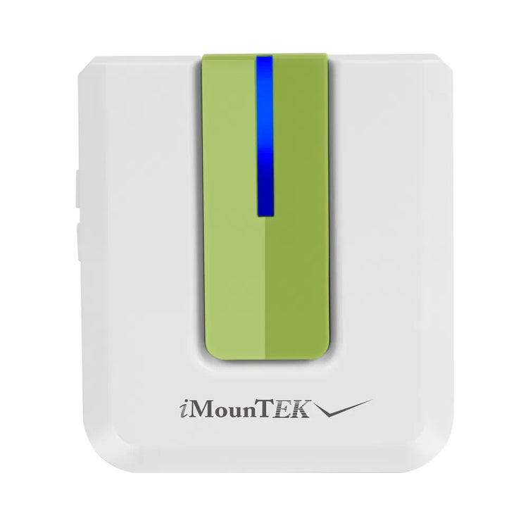 a white square device with a green and blue button
