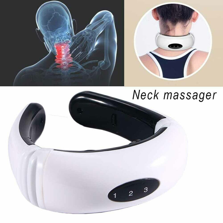 a white neck massager with a black and white image