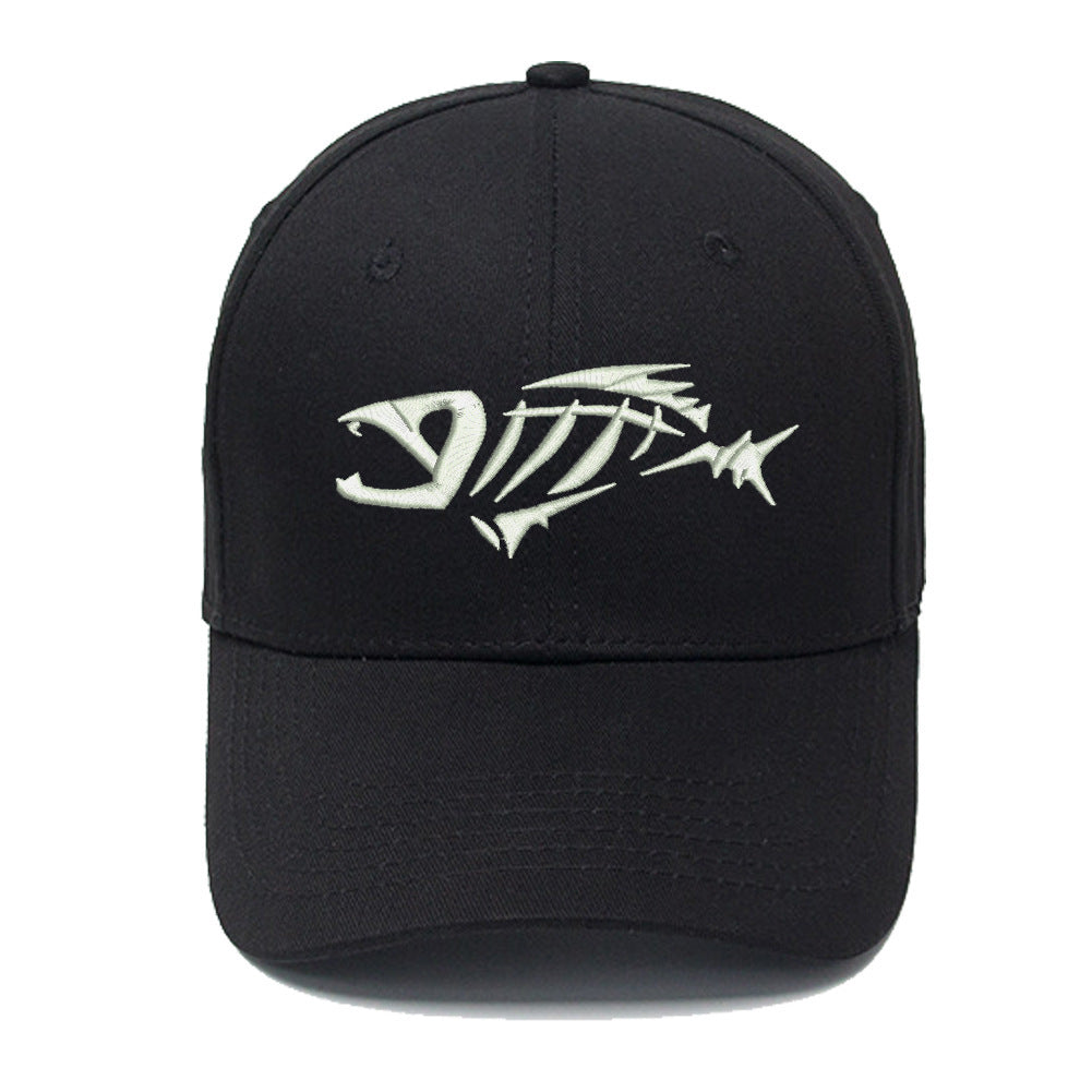 a black hat with a white fish on it