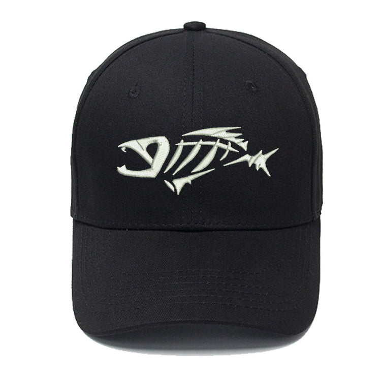 a black hat with a white fish on it
