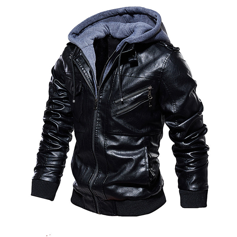 a black leather jacket with a hood