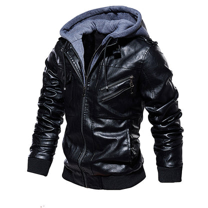Men Hooded Leather Jacket Thick Motorcycle Windproof Male Casual Winter PU Jacket
