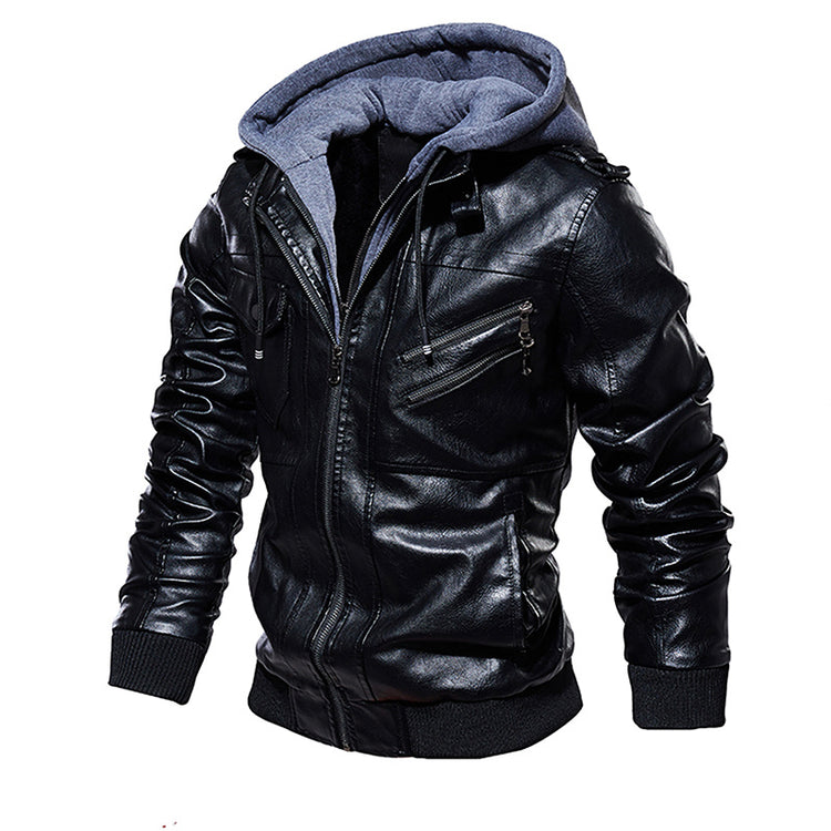 a black leather jacket with a hood