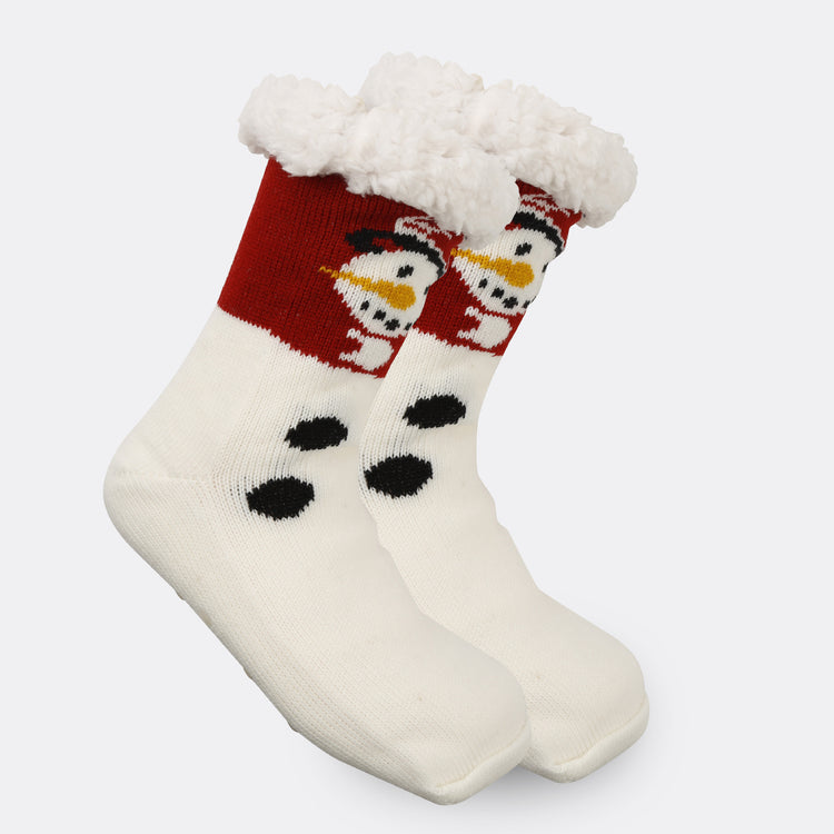 a pair of socks with snowman designs