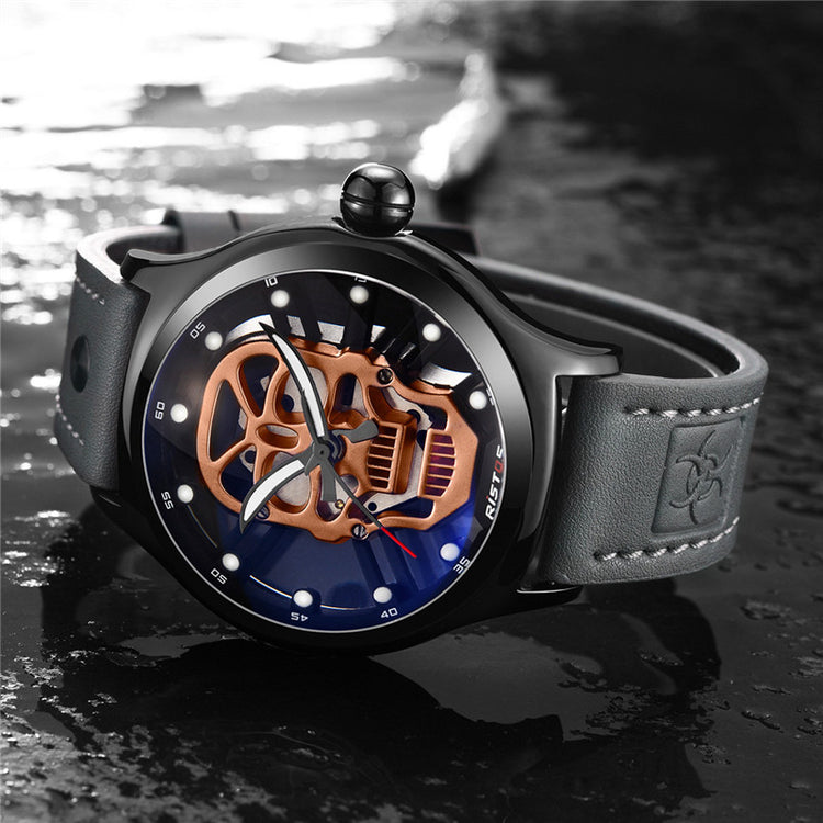 a black watch with a blue face and a silver face