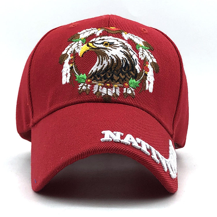 a red hat with a eagle on it