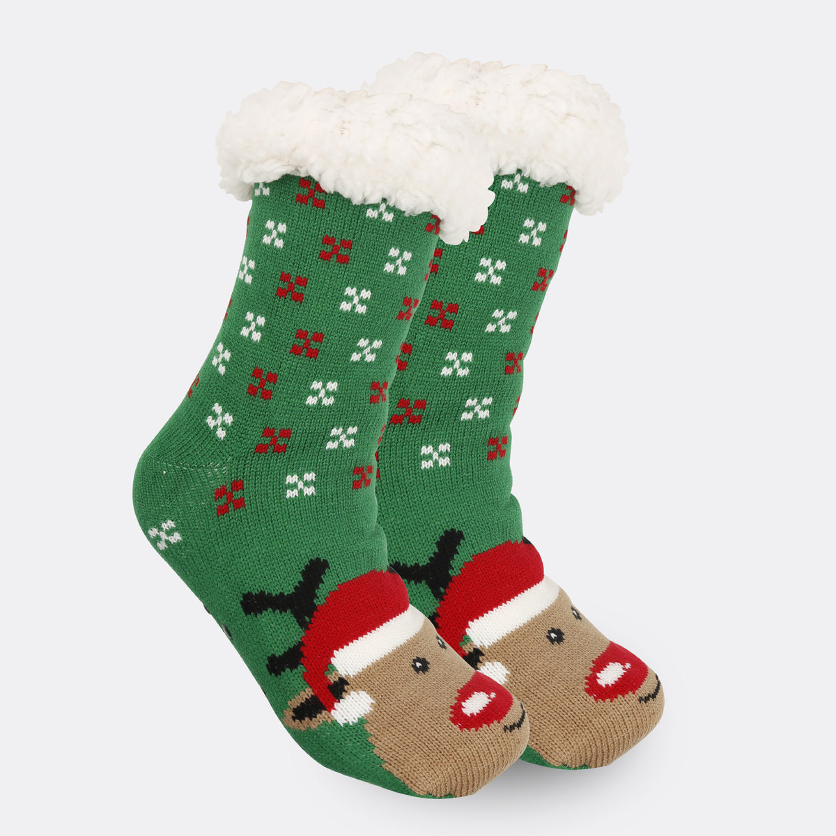 a pair of green socks with reindeer faces