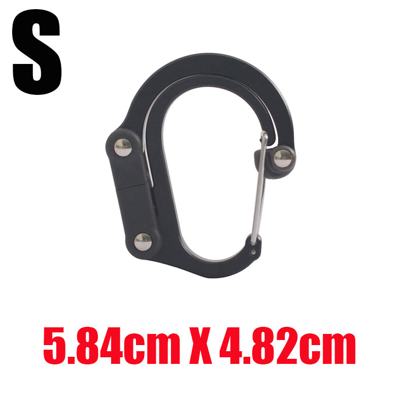 a black carabiner with silver screws