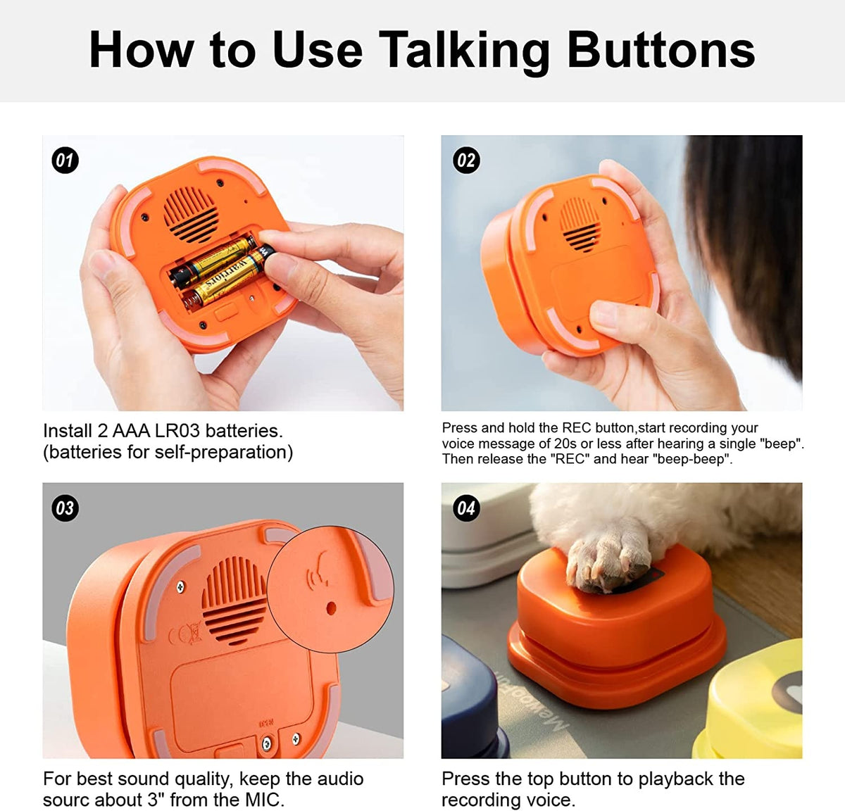 a collage of instructions for a talking buttons