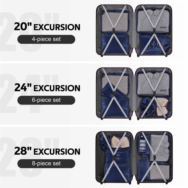 a group of luggage with different types of clothing