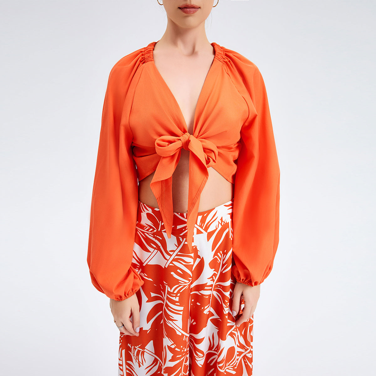 New Women's Temperament Print Pants V -neck Long Sleeve Two -piece Suit