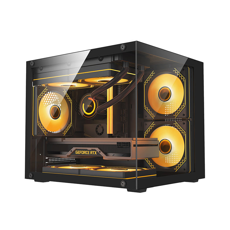 a black and yellow computer tower