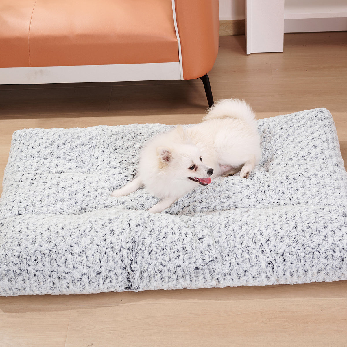 a dog lying on a dog bed
