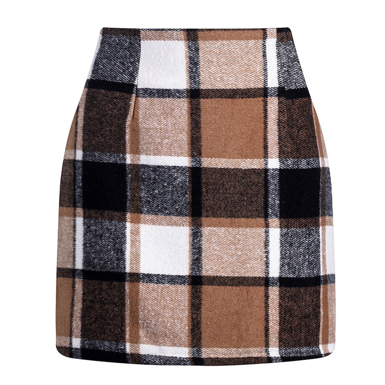 a brown and black plaid skirt