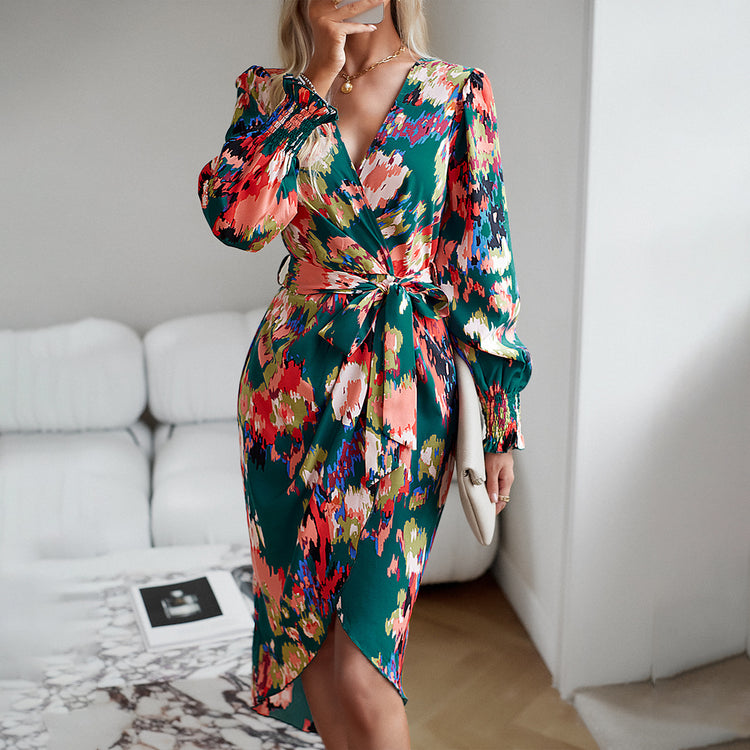 a woman in a floral dress