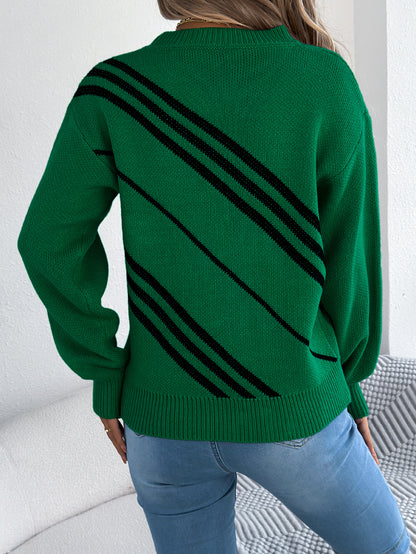 Women Casual Striped Round Neck Lantern Sleeve Long Sleeve Pullover Sweater