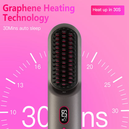 Grey-Black Options -- 1Pc Cordless Negative Ion Hair Straightener Brush Rechargeable Mini Styling Comb With 12 Heating Levels Anti-scald 30S Preheating 30Mins Auto Sleep LCD Display