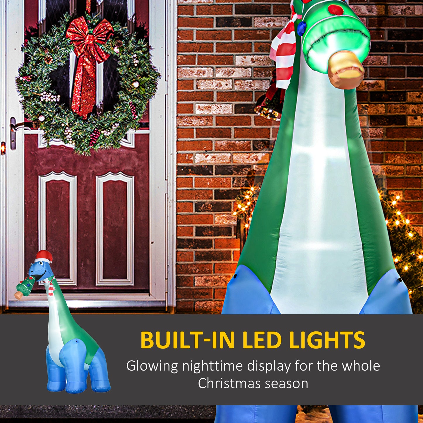 Long Christmas Inflatables Outdoor Decorations Dinosaur with Christmas Tree in Mouth