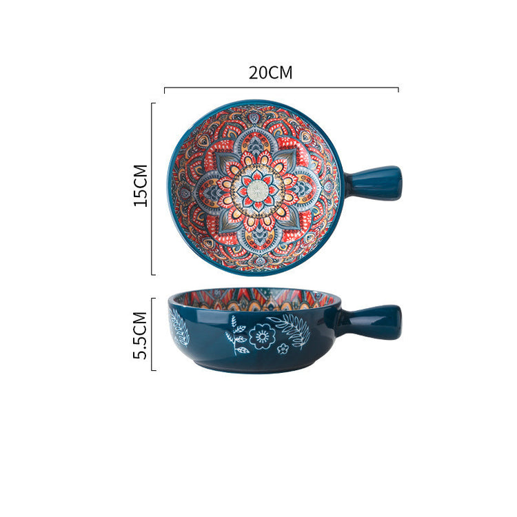 a blue bowl with a red and blue design