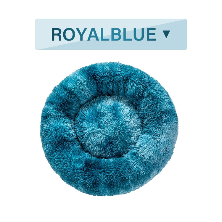 a blue fluffy pillow with text above