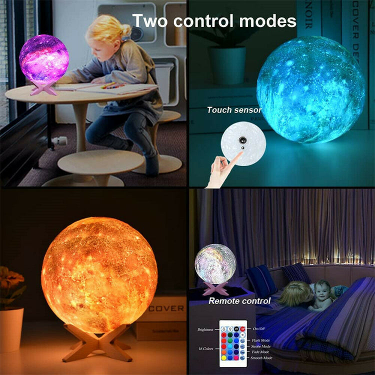 a collage of images of a child playing with a glowing moon